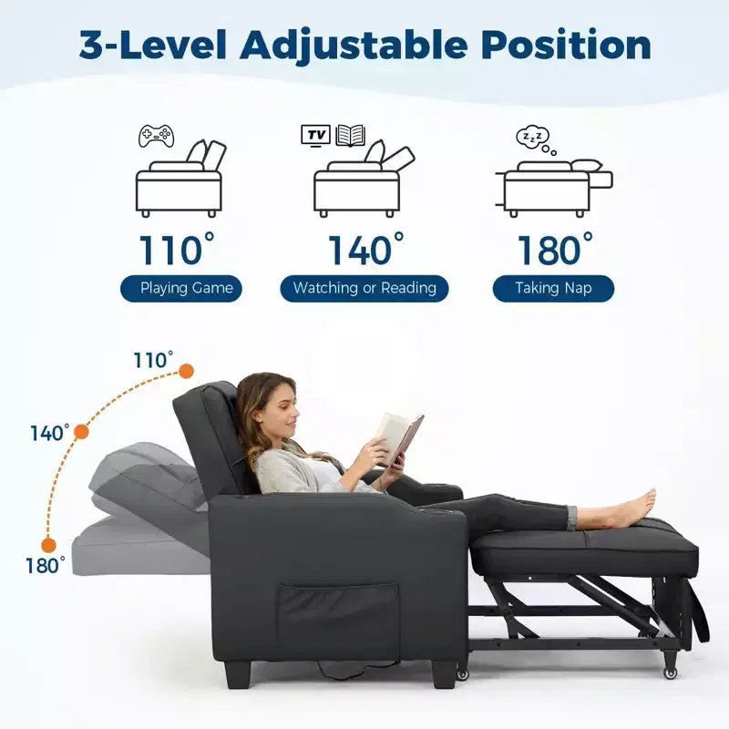 Convertible Reclining Sofa Bed with Vibration Massage Lumbar Pillow, Multi-Function PU Leather Sofa Chair, Chaise Lounge