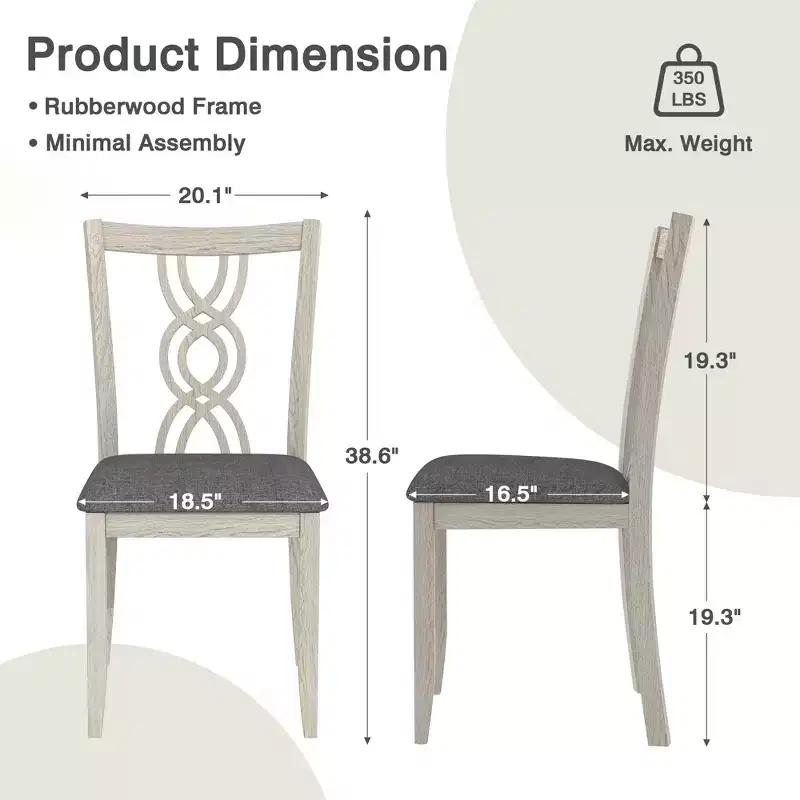 VECELO Rustic Wooden Dining Chairs, Rubber Wood Kitchen Chairs with Padded Seat & Elegant Hollowed Backrest, Gray