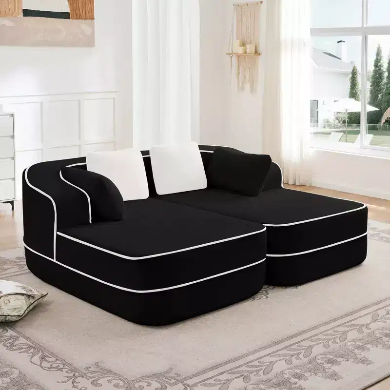 Teddy Fabric No Assembly 32D High Density sponge Boneless Sofa,Fluffy Comfy Couch with double Chaises,Sleeper sofa for Living Room,White