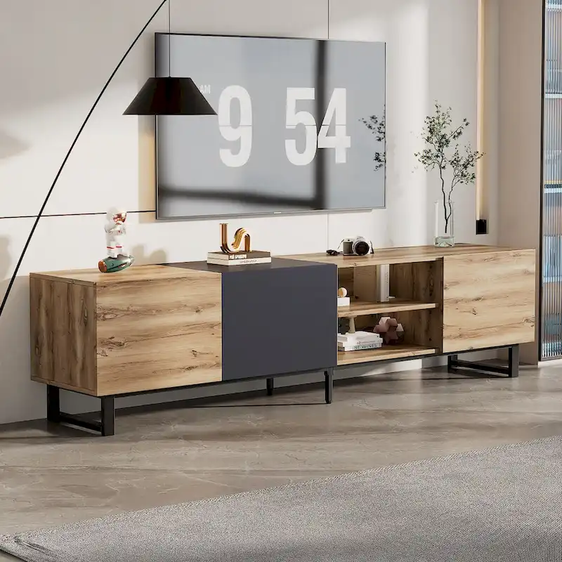 TV with 3 Cabinets& Open Shelves,Color-matching Media Console Table for TVs up to 80,Entertainment Center with Drop Down Door