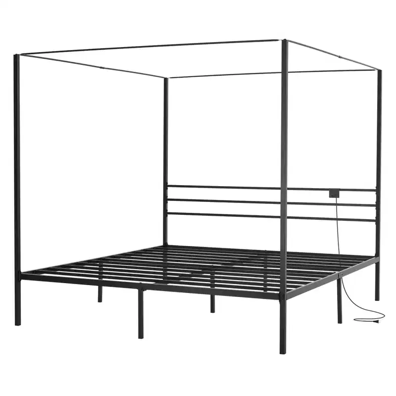VEVOR King Size Canopy Bed Frame, Metal Canopy Bed with Charging Station and Four Posters Design, Heavy Duty Steel Slats Support, Black