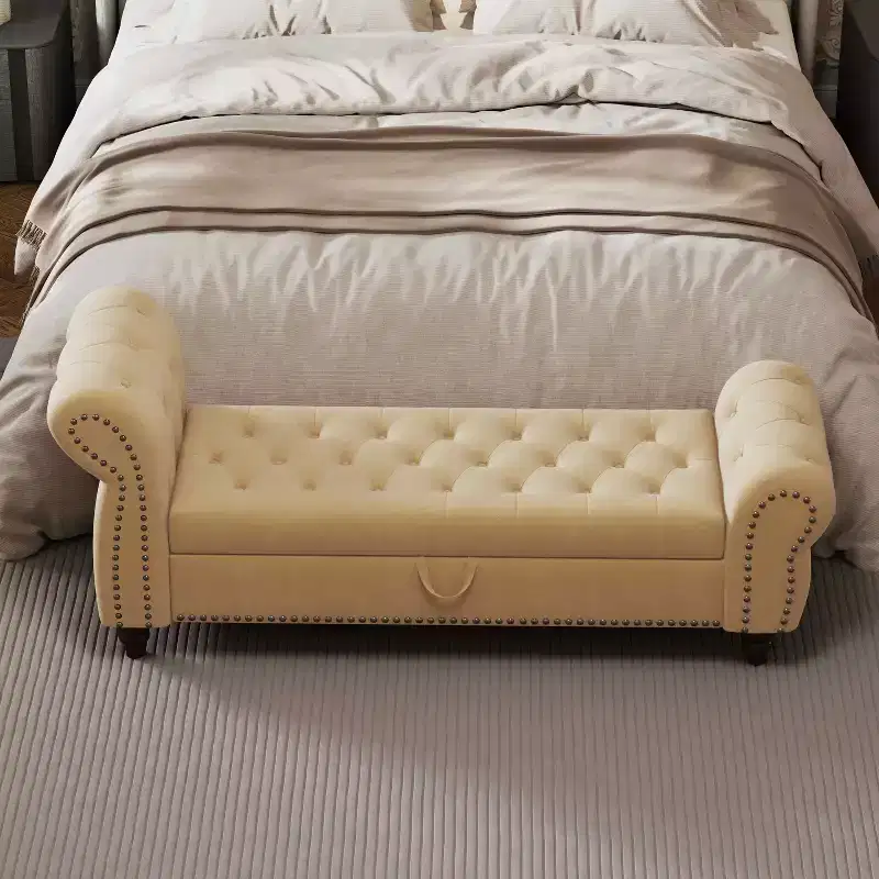64.5 Bed Bench for Bed Room Nails Tufted Chaise of Lounge with Storage Velvet Upholstery Khaki