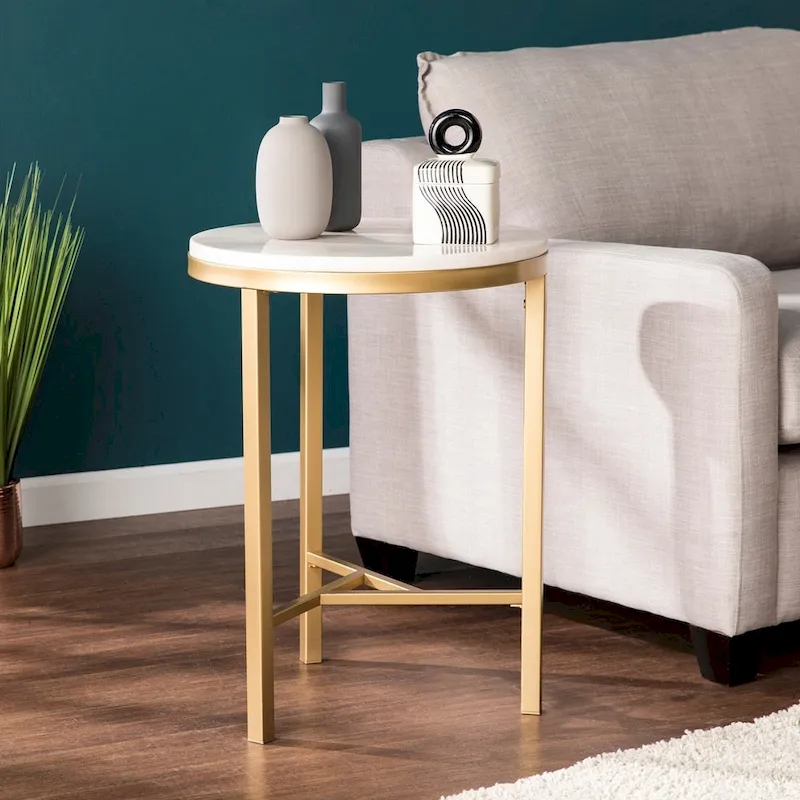 Mid-Century Modern Ivory Marble and Gold Side Table