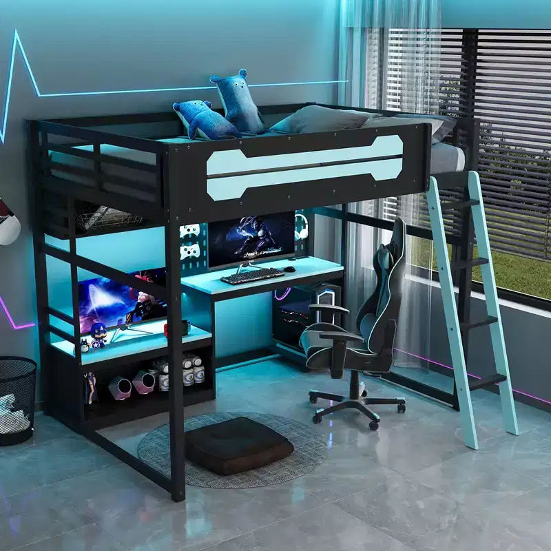 Full Size Gaming Loft Bed with Desk and Storage Shelves, Full Wood Low Loft Bed Frame with LED Lights, USB Ports and Pegboard