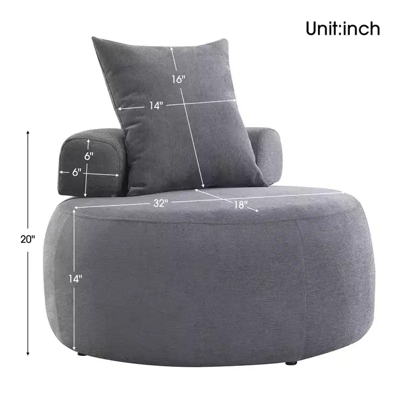 GustoWave Oversized Round Accent Chair, Modern Upholstered Sofa with Pillows, Cozy Leisure Chair for Living Room, Chenille Fabric, Light Gray