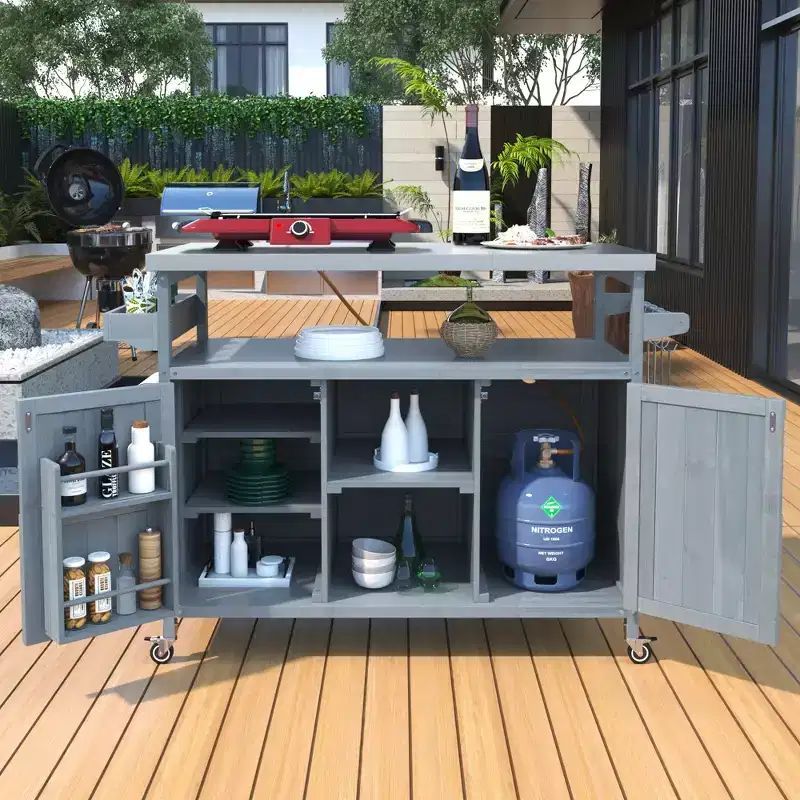 Outdoor Mobile Kitchen Island & Storage Cabinet Farmhouse Style Stainless Steel Countertop Spice Rack Suitable for Kitchens Gray-Blue