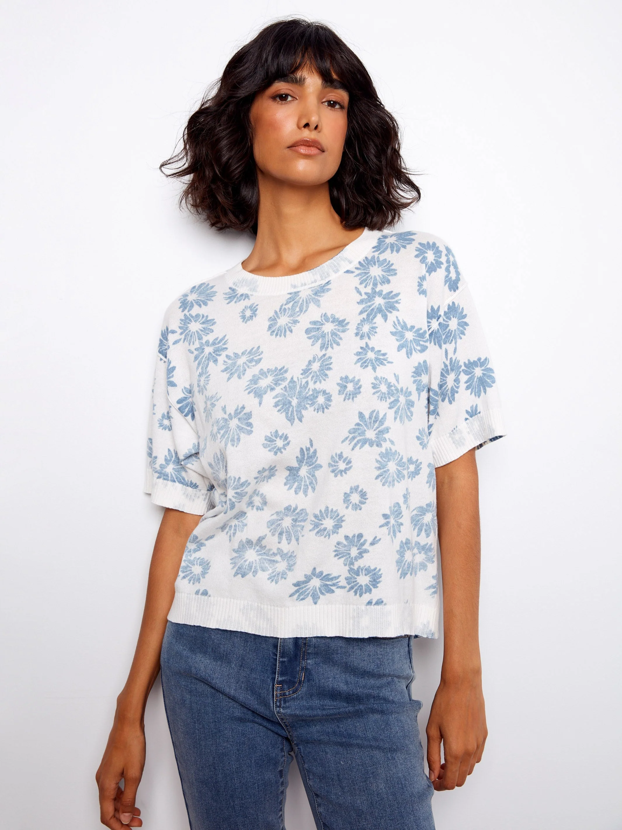Reversible Short Sleeve Printed Sweater - Floral