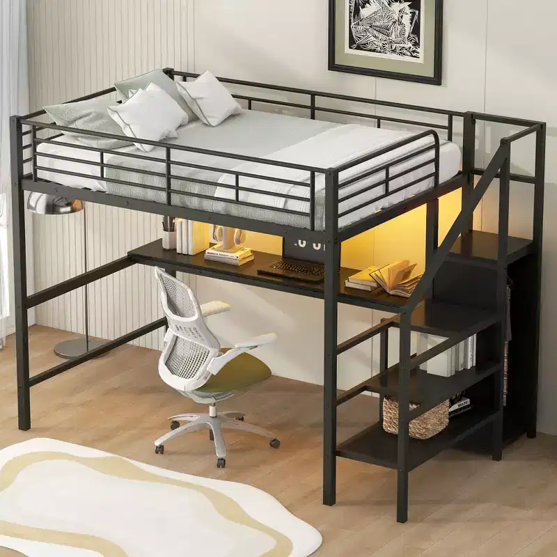 Full Size Metal Loft Bed with Desk, Storage Staircase and Small Wardrobe  ModernLuxe