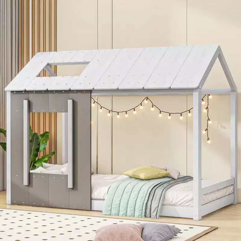 Bellemave Twin Size House Platform Bed with Roof and Window, Solid Wood Frame, Modern Playhouse Design, White and Antique Grey, Easy Assembly