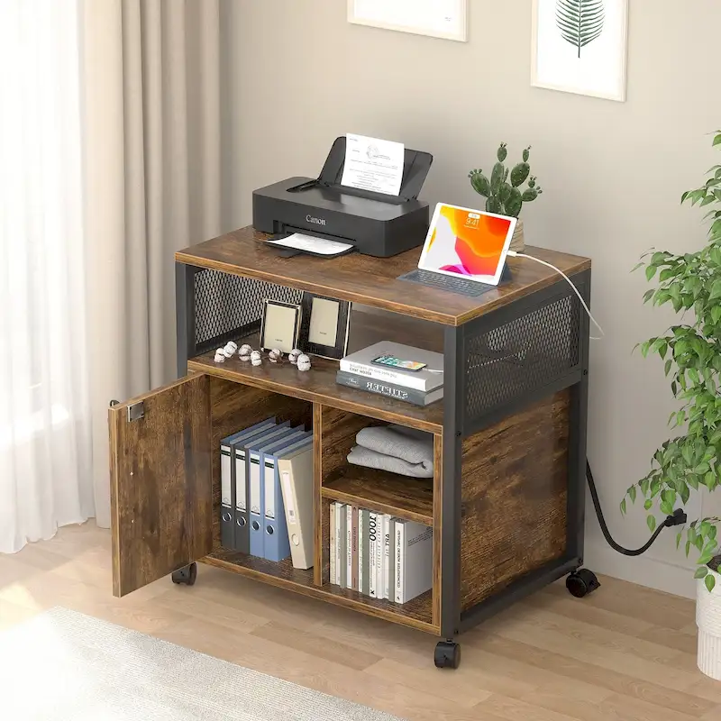 Rolling File Cabinet Lateral Office Filing Cabinets with Charging Station,Modern Printer Stand on Wheels
