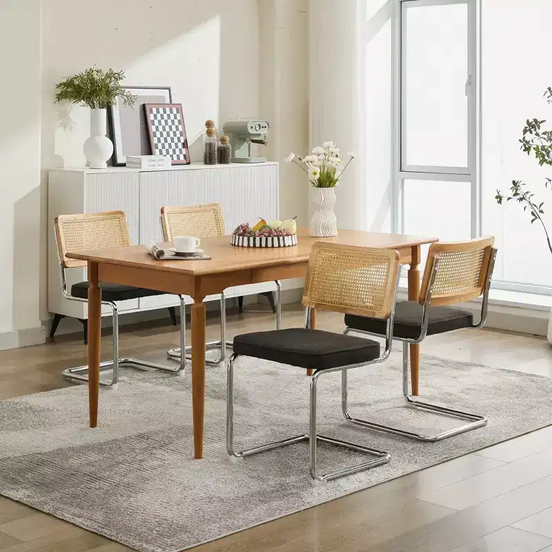 2Pcs Modern Dining Chairs with Linen Seat, Rattan Back & Chrome Base