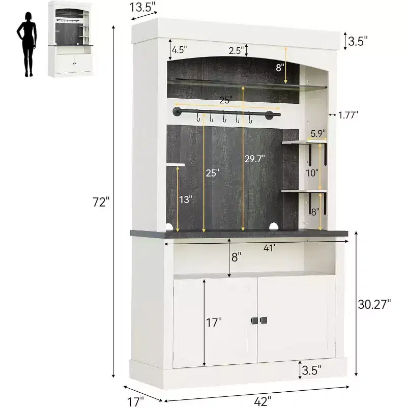 Acekool Coffee Bar Cabinet, Tall Farmhouse Buffet with Glass Shelf, Storage Hutch, Wine Rack, Adjustable Lighting, Antique White & Oak, 72x42