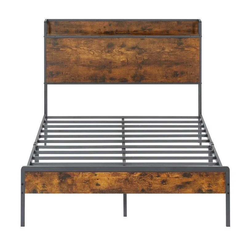 Brown / Grey Full Size Metal Platform Bed Frame with Storage Headboard and Charging Station for 2 Person