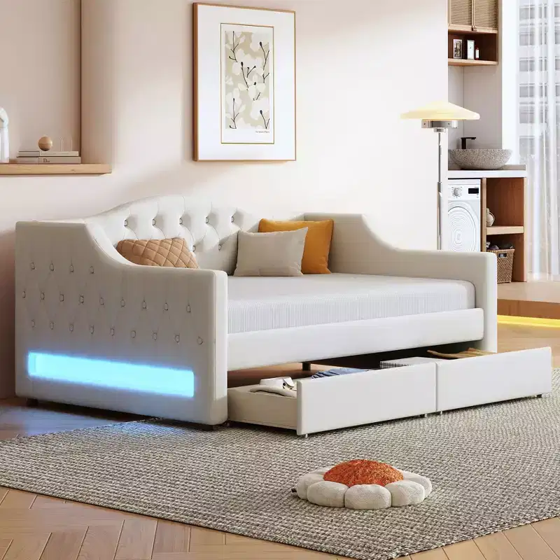 Whisen Upholstered Twin XL Size Daybed with LED Belt and 2 Drawers