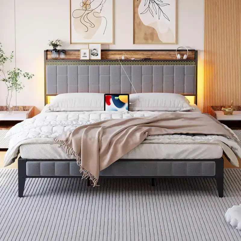 CuisinSmart Bed Frame with Storage Headboard, LED Platform Bed Frame with Charging Station, No Spring Box Need, Easy Assembly, Grey