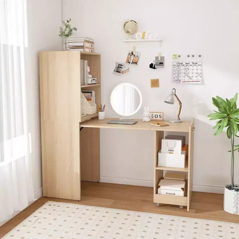 Stretchable Writing Desk,Foldable Home Office Desk with Storage Shelves and Wheels,Mobile Workstation for Small Apartments,Offices