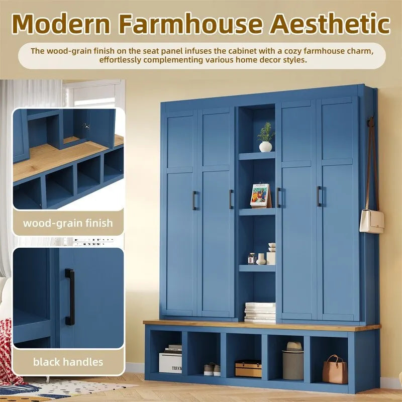 Farmhouse 4-in-1 Hall Tree with Open Display Shelves, Mudroom Shoe Bench with Open Compartments, Entryway Coat Rack with 6 Hooks