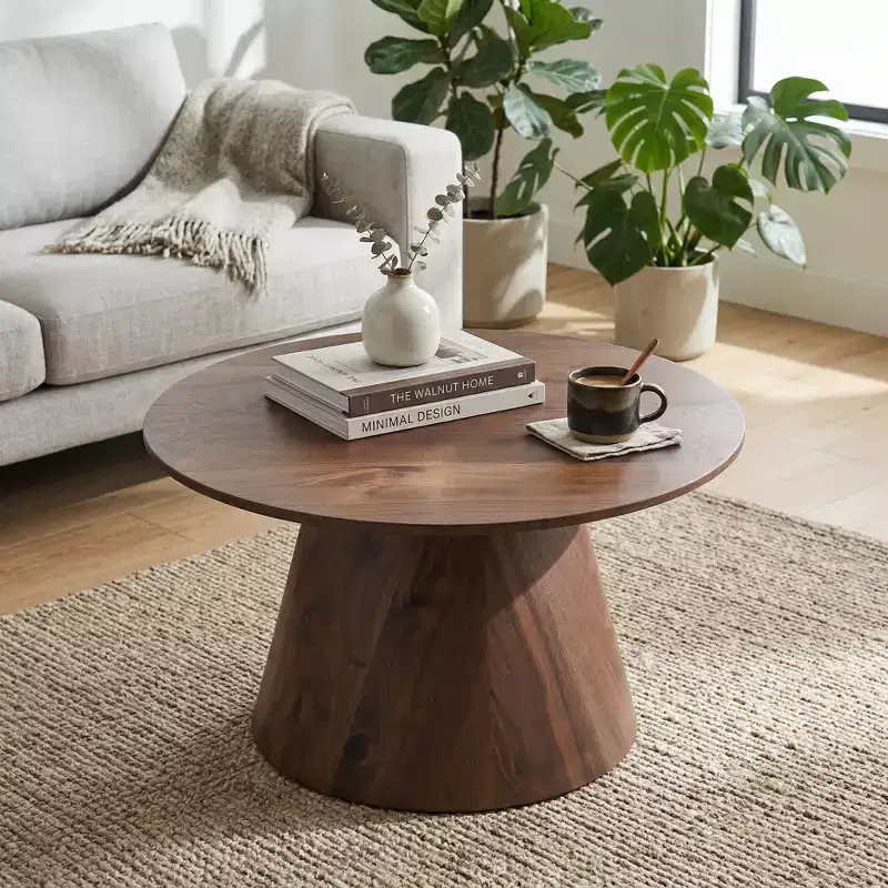 Walnut Wood Grain MDF Round Coffee Table, 23.6