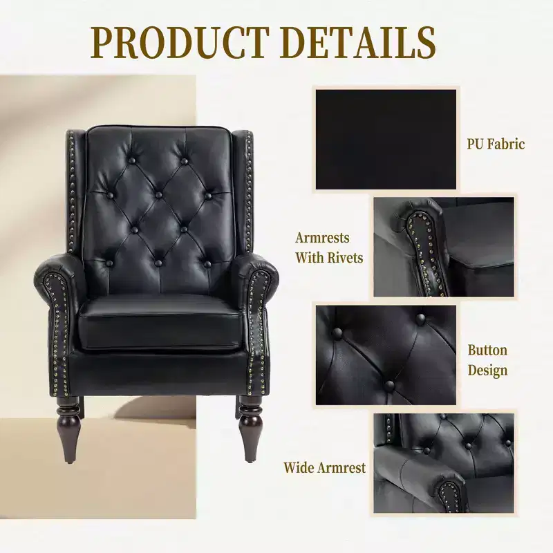 Wood Frame Armchair, Sturdy Wood Legs, Living Room Bedroom, Black PU