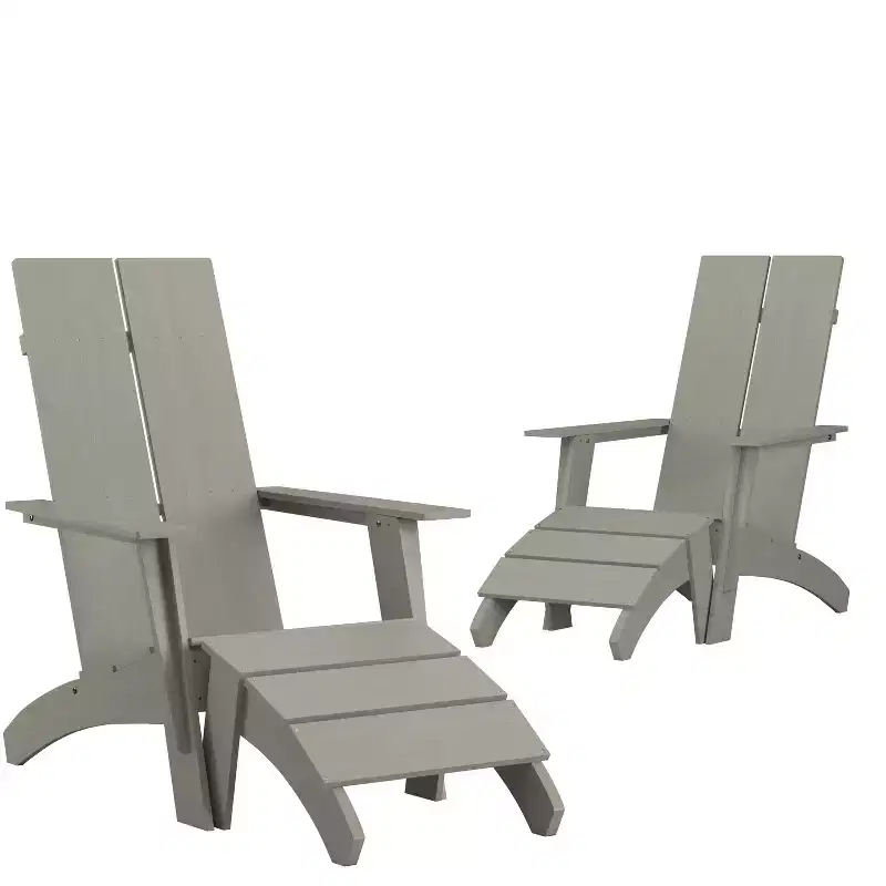 Merrick Lane Set of 2 Adirondack Slatted Back Patio Chairs With Accompanying Foot Ottomans