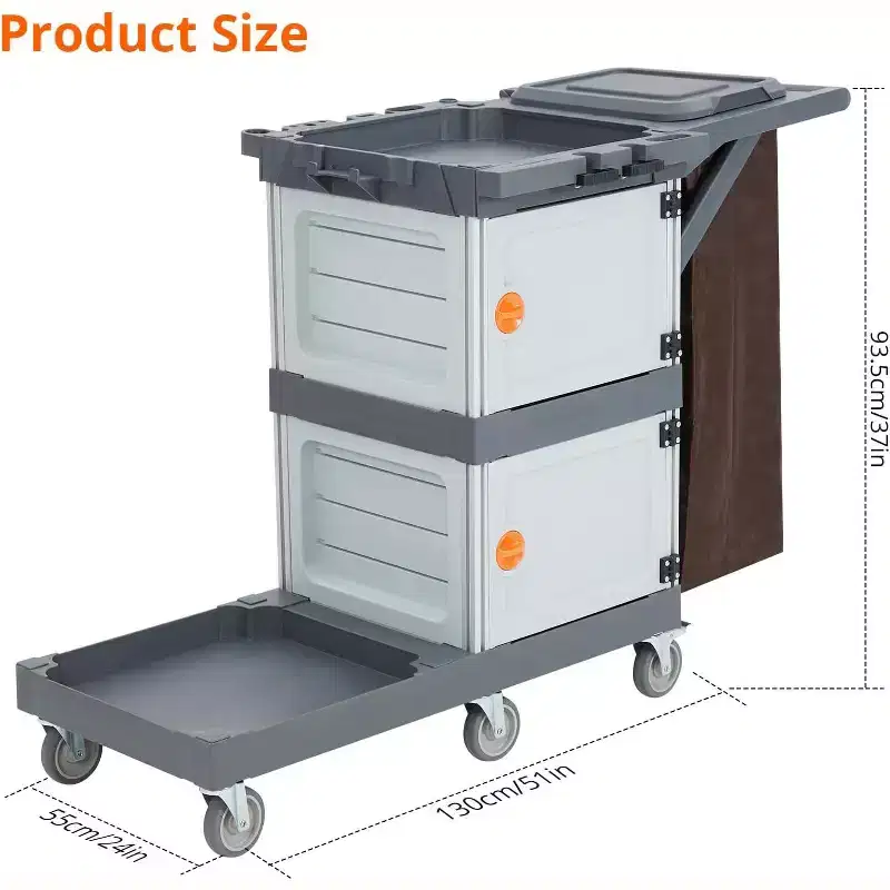 Commercial Janitorial Cart, 3-Shelf Housekeeping Cleaning Cart with 2 Cabinets, Cover & Oxford Bag, Traditional Janitorial Cart for Hotel