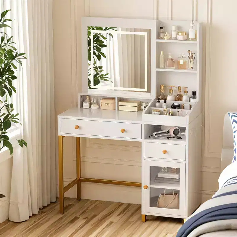 Vanity Desk with Lighted Mirror, Large Makeup Dressing Table with Power Outlet 2 Drawers 1 Cabinet and Open Storage Shelves for Bedroom Women Girls