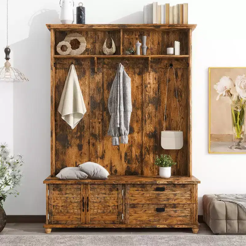Modern Hall Tree With Storage Bench, Entryway Coat Rack With 5 Hooks & 2 Large Drawers, Rustic Brown Shoe Cabinet for Mudroom, Living Room, Bedroom