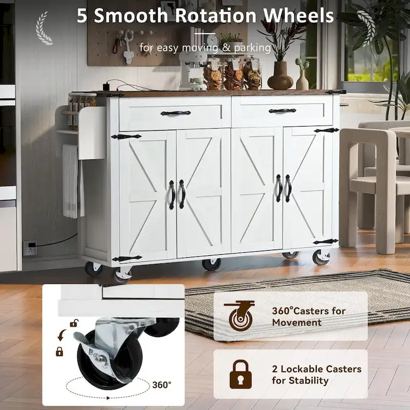 53.5 Farmhouse Kitchen Island Cart with Power Outlet, Drop Leaf, Spice Rack, and 2 Drawers, 5 Wheels