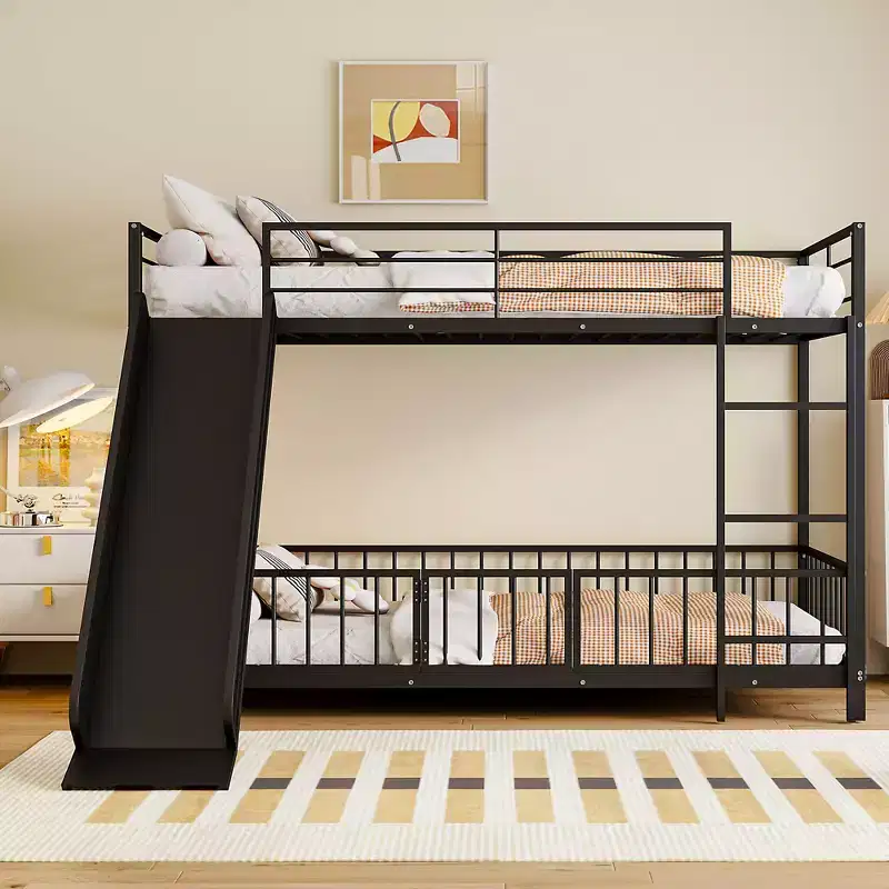 Whisen Stylish Design Metal Bunk Bed with Slide and Guardrails