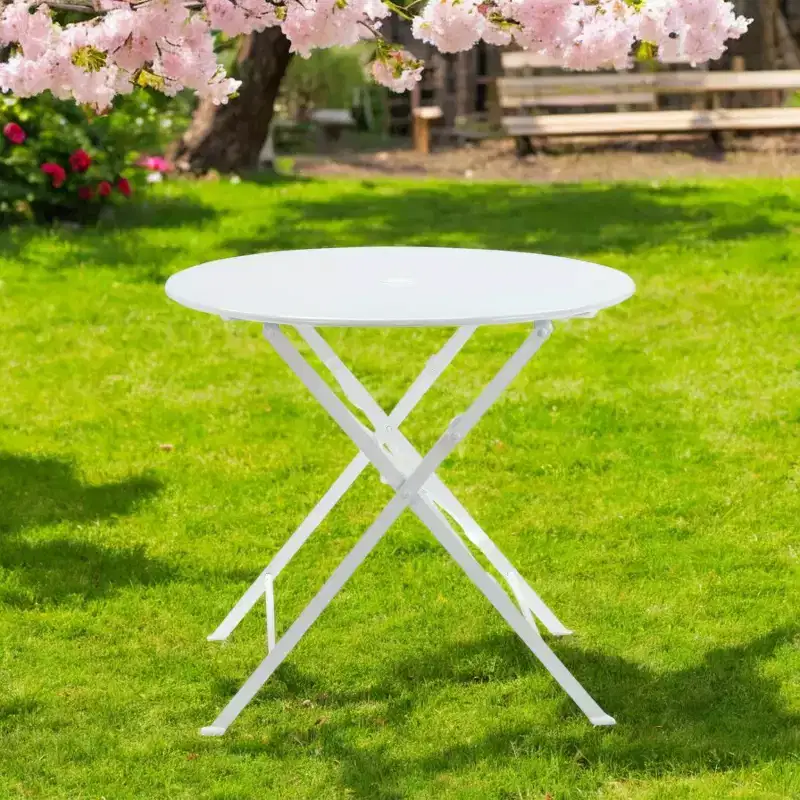 HomeRoots 30 White Rounded Aluminum Folding Outdoor Bistro Table with Umbrella Hole