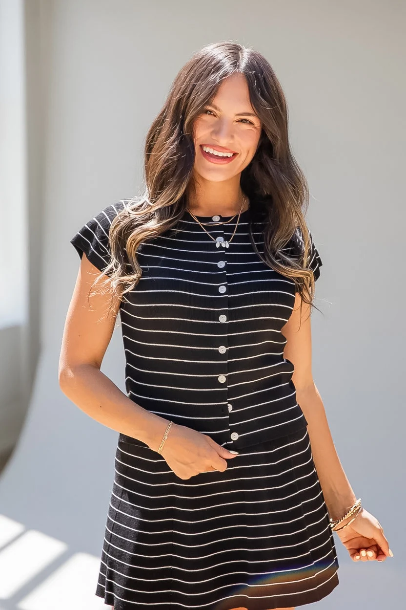 Stripe Button Front Fitted Capped Sleeve Top