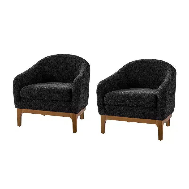 Boucle Barrel Armchair Set of 2 Solid Wood Legs High-Density Foam Dual-Sided Cushion