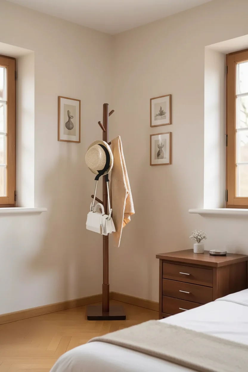 Freestanding Coat Rack with 8 Hooks and 3 Height Settings, Rubberwood