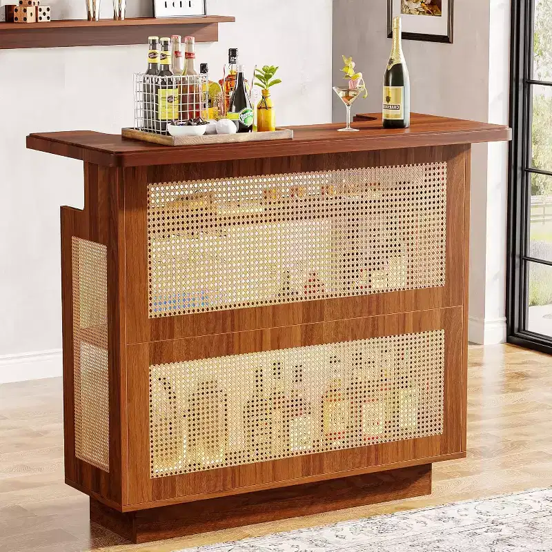 Rattan Home Bar Unit, Farmhouse 4-Tier Bar Table with 4 Stemware Racks , Caramel Brown