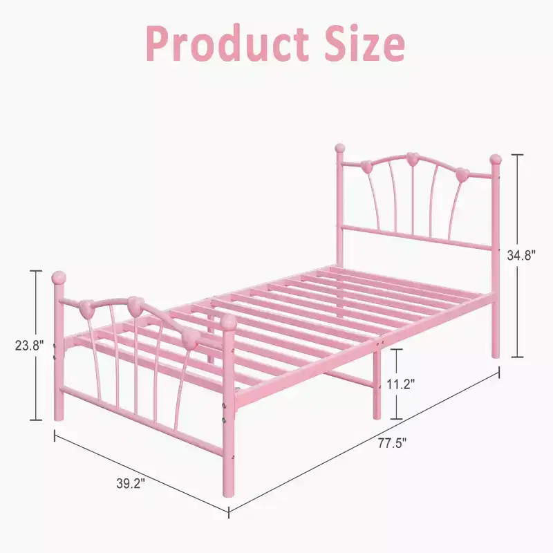 Twin Bed Frame, Twin Size Metal Platform with Heart Shaped Headboard, 11.5 Underbed Storage, No Box Spring Needed, Noise Free & Easy Assembly