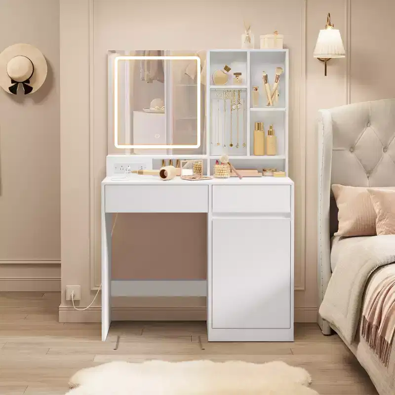 35.4-Inch Vanity Desk with LED Mirror and Charging Station, Makeup Table Set with Stool and Jewelry Storage, Cloud White