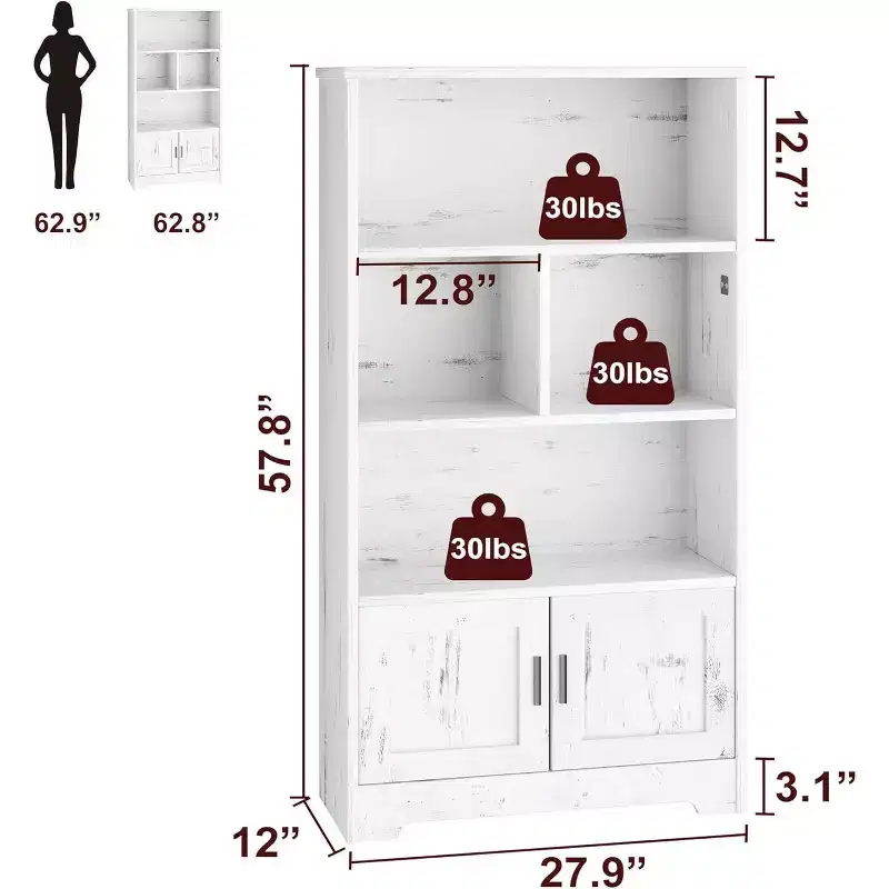 Bookcase Storage with Doors Modern Bookshelf with LED Lights Farmhouse BookcaseLarge Display Racks Book Shelf for Home Office