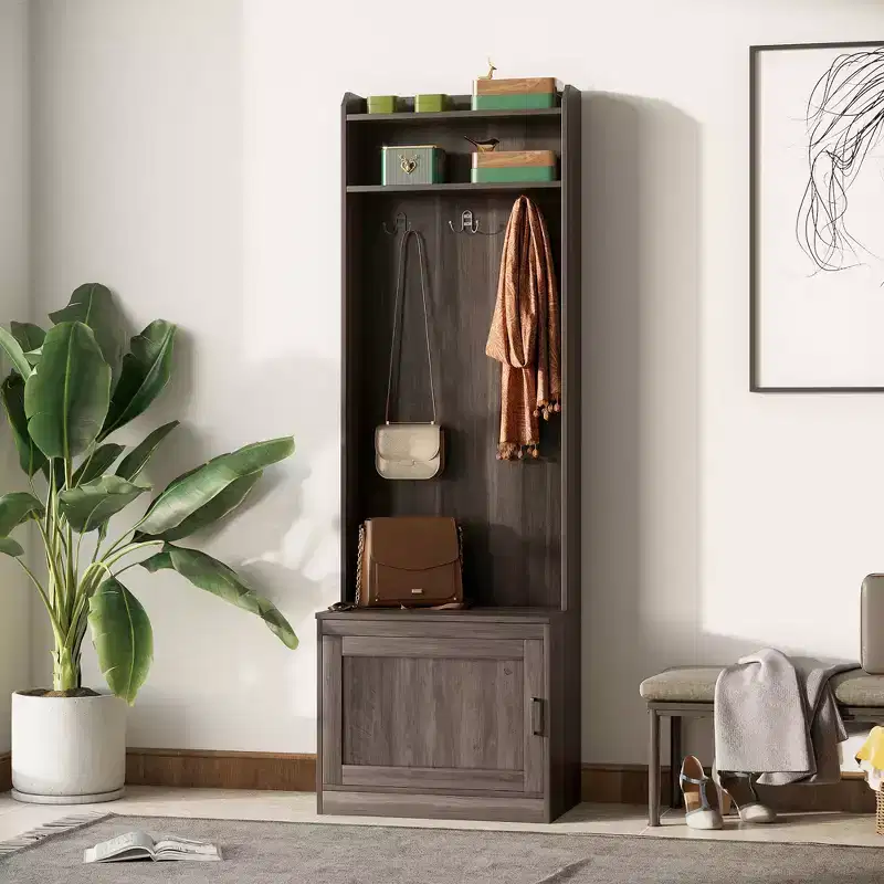 Rustic Hall Tree with Shoe Storage Bench – Coat Rack, 6 Hooks, Storage Shelves