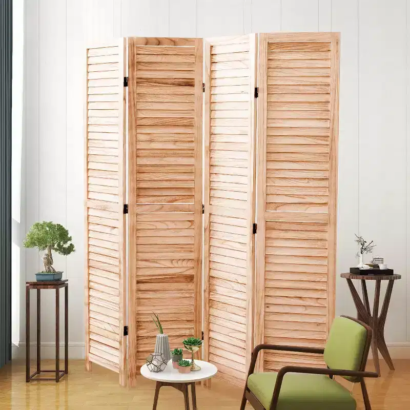 MAYEERTY 4 Panel Solid Wood Folding Room Divider Natural for Home Office 55.2x65
