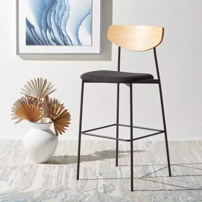 Barstool, Walnut Backrest, Black Polyester Seat, Iron Frame, Footrest, 30