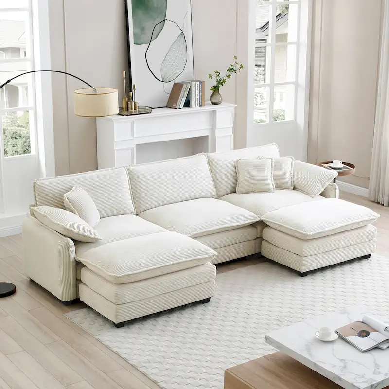 Beige 5-Piece Corduroy U-Shaped Modular Sectional Sofa with 2 Ottomans
