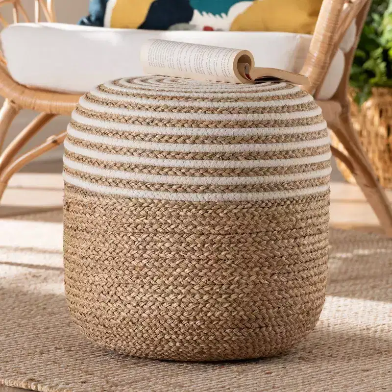Seagrass and Woven Rope Ottoman Footstool White/Natural Brown: Cotton Upholstery, No Assembly Required
