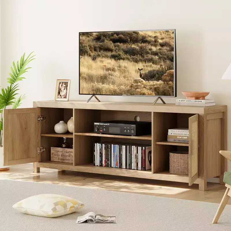 Boho Rattan Entertainment Center with Adjustable Shelves & Storage, Natural Oak
