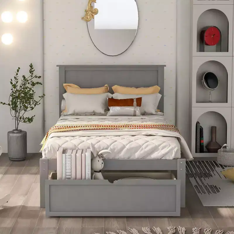 Wood Twin Size Platform Bed with Under-bed Drawer