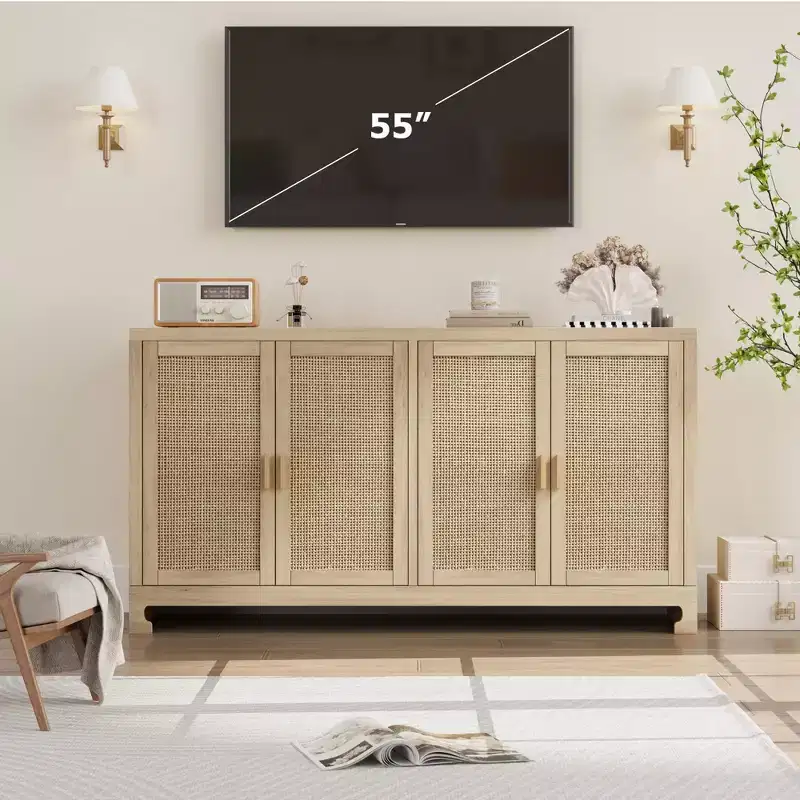 Buffet Cabinet, 60 Rattan Farmhouse Storage Sideboard with 4 Doors - Adjustable Shelves for Dining Room Living Room Entryway