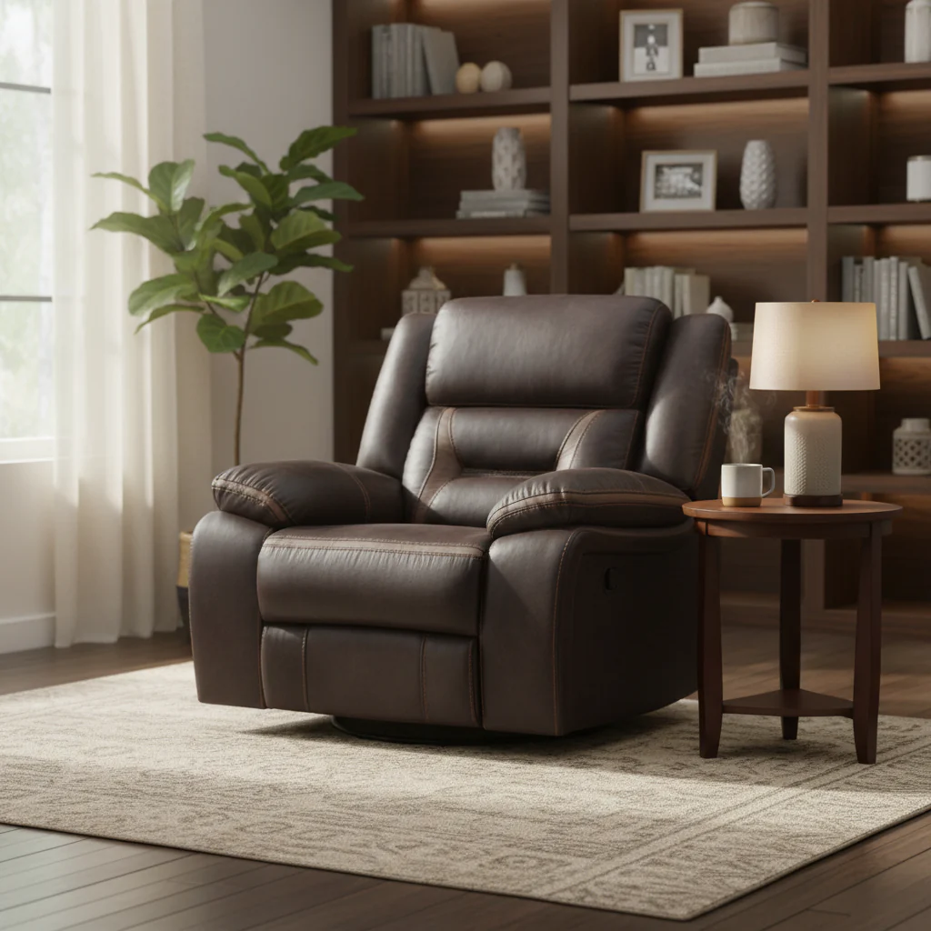 41 Inch Gliding Manual Recliner, Pillowtop, Dark Brown Faux Leather