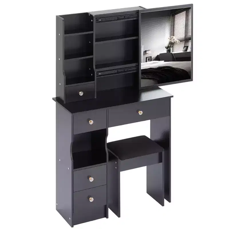29.2IN Vanity Desk with Cushioned Stool and Right Sliding Mirror, Multi Layer Makeup Vanity with High Capacity Storage, Vanity Table