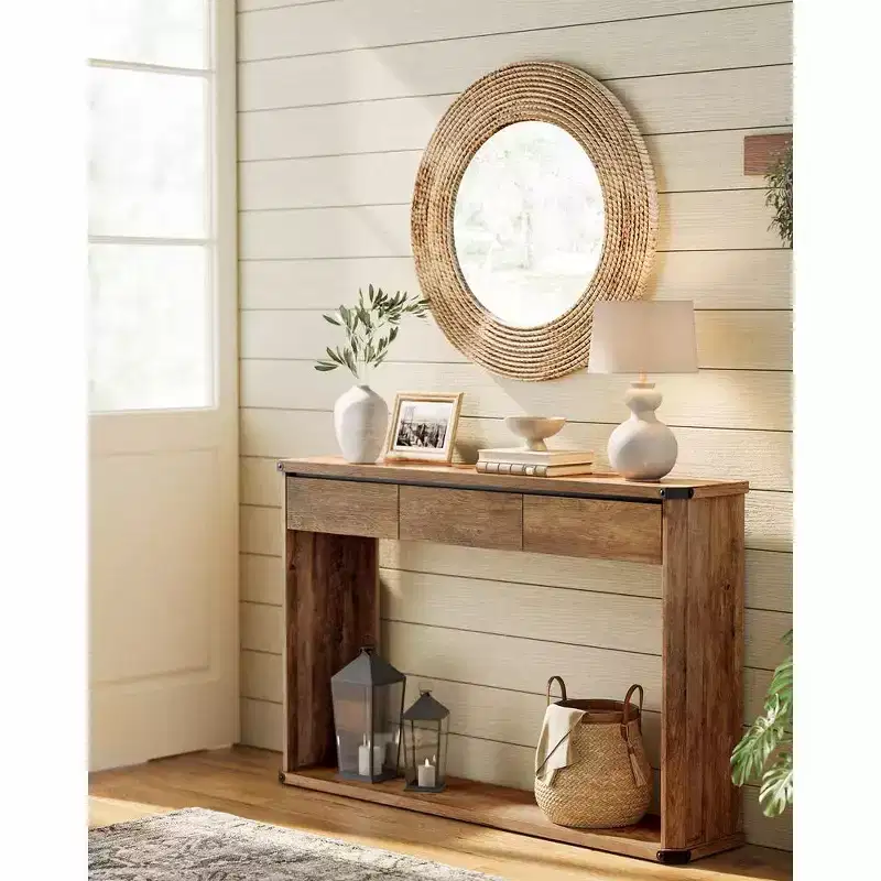 Console Table 47.2 Inches Sofa Table Narrow Entryway Table with 3 Drawers Bottom Shelf Metal Corners
