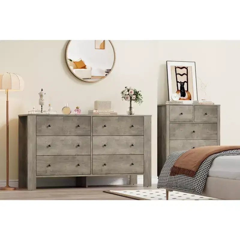6-Drawer Dresser, Modern Wooden Bedroom Chest of Drawers With Storage Drawers, Farmhouse Style TV Stand for Living Room, Bedroom, Light Ivory