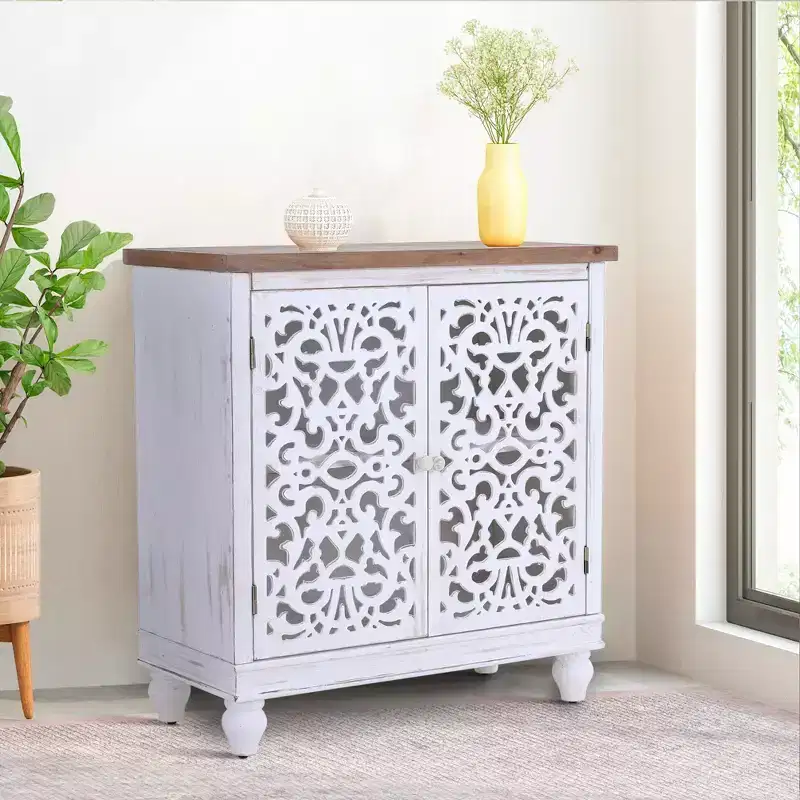 Distressed Hollow-carved Accent Storage Sideboard Buffet Cabinet with Solid Wood Legs for Living Room Entryway Foyer